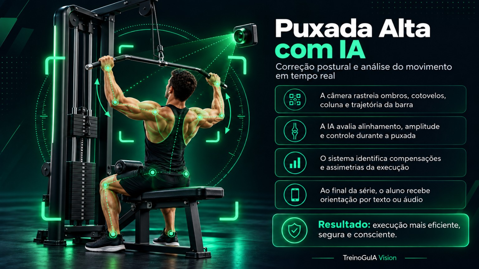 Puxada alta com IA: análise de ombros, cotovelos, coluna e trajetória da barra